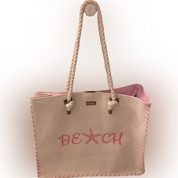 Sun N Sand Handbags - Sun N Sand Linen Beach Bag - 17x14.5 x6 linen flax pink embroidered, NWOT